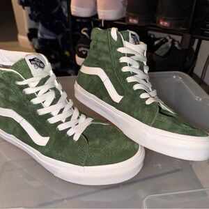 Green suede high top vans